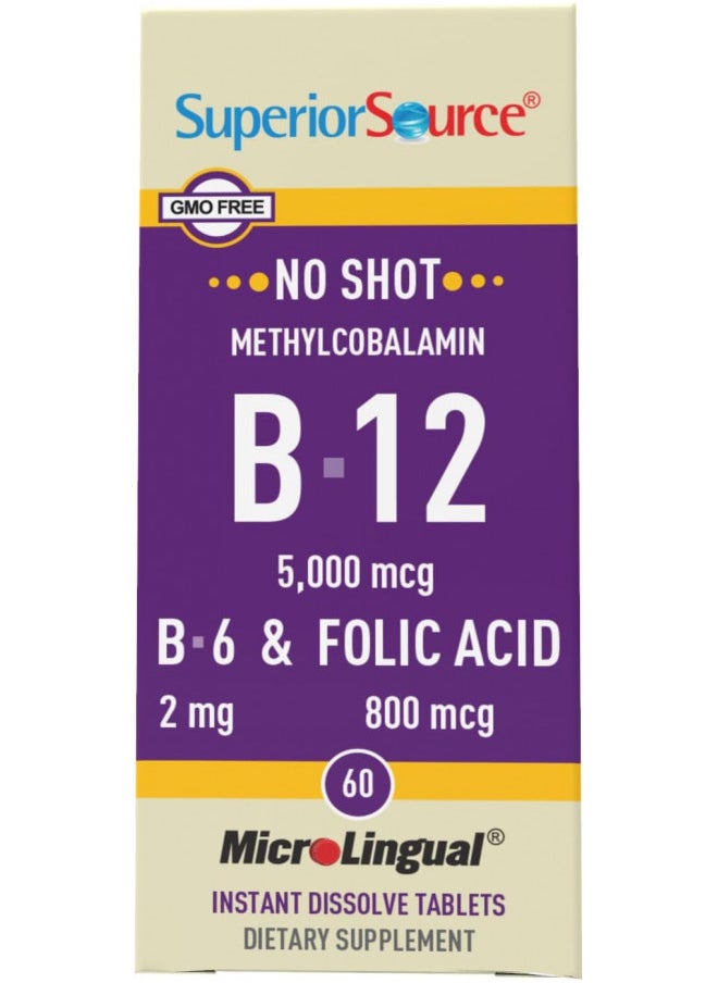 Superior Source Superior Source No Shot Vitamin B12 Methylcobalamin (5000 mcg), B6, Folic Acid, Quick Dissolve Sublingual Tablets, 60 Ct, Increase Energy, Healthy Heart, Boost Metabolism, Stress Support, Non-GMO  - Image 5