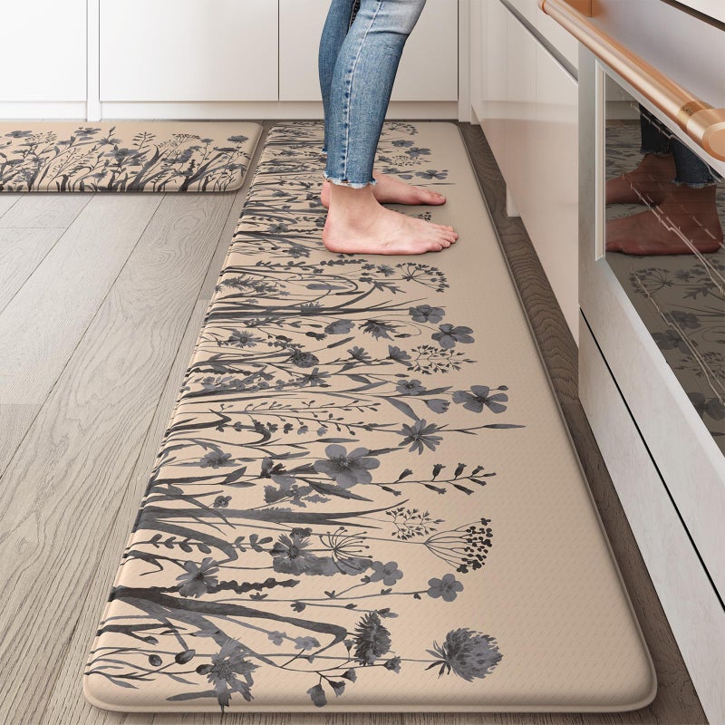KIMODE Kitchen Anti Fatigue Mats, Farmhouse Kitchen Rugs Sets of 2, Memory Foam Kitchen Mats for Floor, Waterproof Standing Mat for Sink, Laundry, Office, Desk Brown/Gray 17"x59"+17"x29" - Image 1