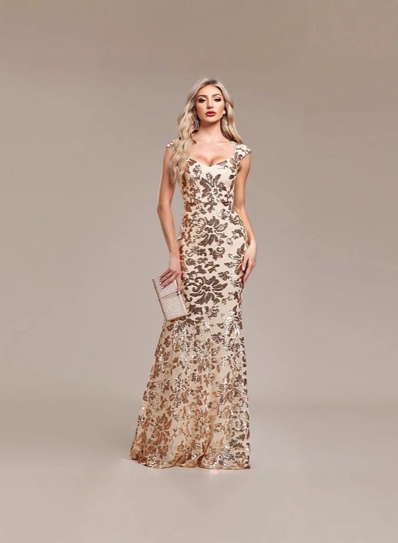 Luxurious Champagne Gold Floral Sequin Maxi Dress for Middle East Galas - Image 1