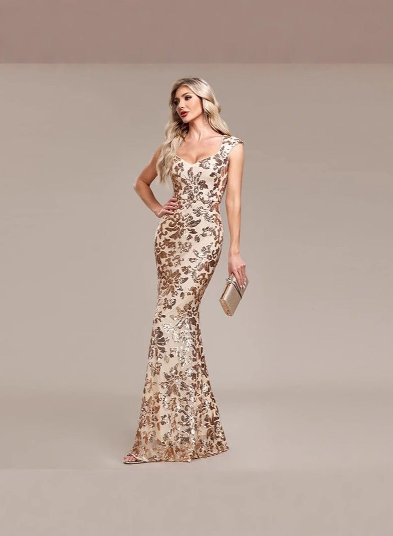Luxurious Champagne Gold Floral Sequin Maxi Dress for Middle East Galas - Image 2