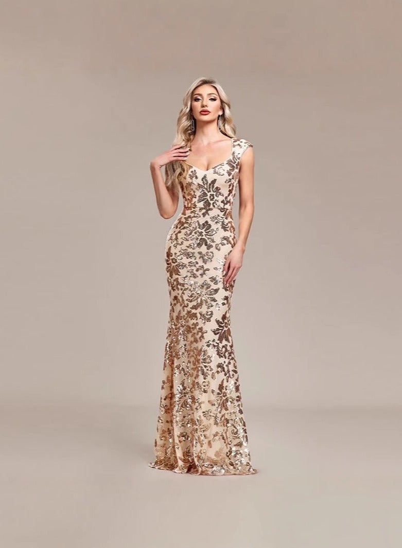 Luxurious Champagne Gold Floral Sequin Maxi Dress for Middle East Galas - Image 3