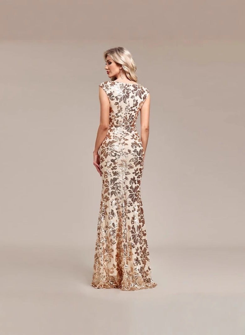 Luxurious Champagne Gold Floral Sequin Maxi Dress for Middle East Galas - Image 4