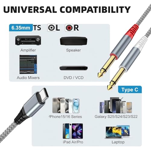 QIMIAOUS USB C to 1/4 inch Audio Cable, USB C to Dual TS Mono Cable, Type C to Dual 6.35mm TS Y-Splitter Audio Cord for Smartphone, Tablet, Laptop Link to Amplifier, Mixing Console, Speaker - 4 Feet - Image 2