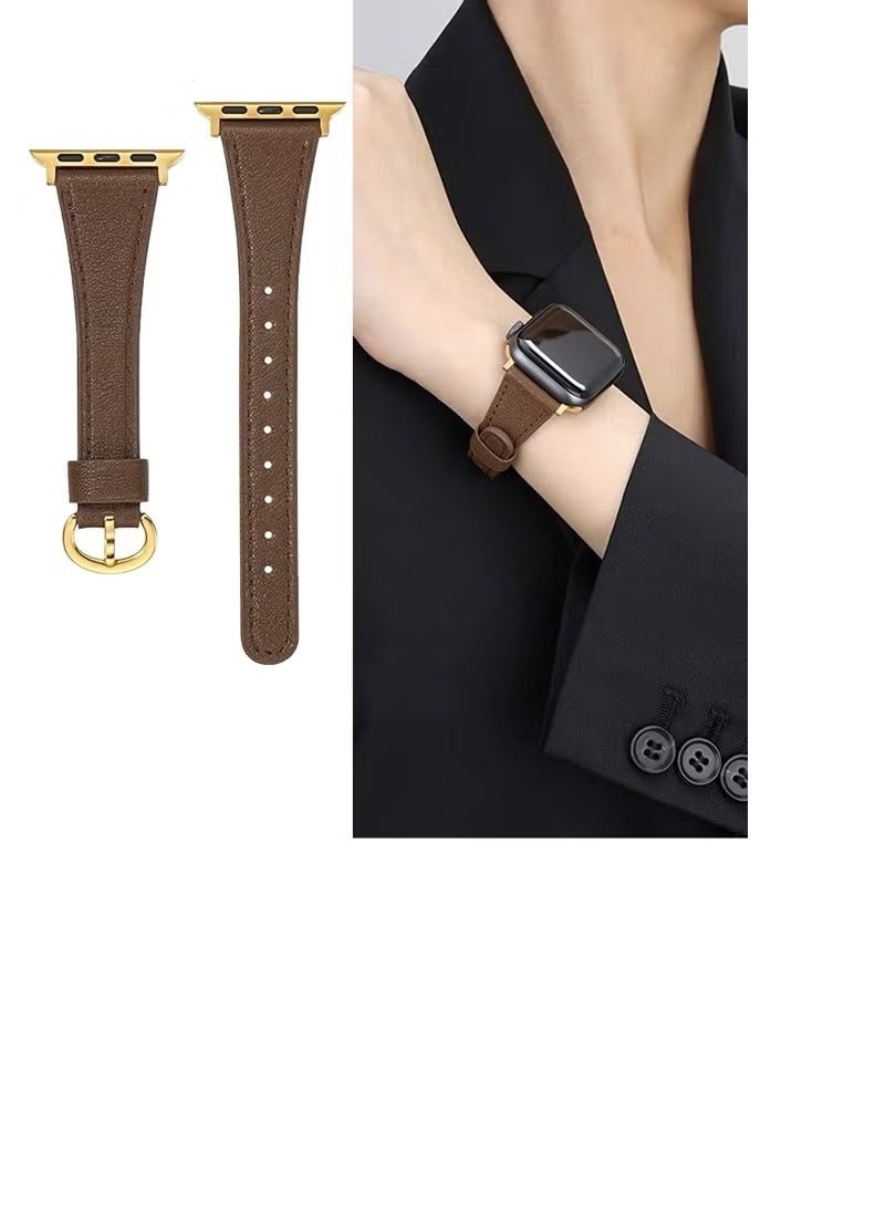 Apple Watch Leather Band Compatible with Apple Watch Band 38mm 40mm 41mm 42mm Women Top Grain Genuine Leather Strap Thin Watch Wristband for iWatch Series10 9 8 7 6 5 4 3 2 1 SE Ultra 2   Brown - Image 1