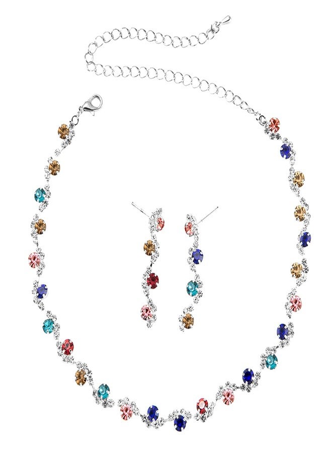 Peora Silver Plated Multi Crystal & Cubic Zirconia Studded Necklace and Drop Earrings Jewellery Set for Women & Girls - Image 1