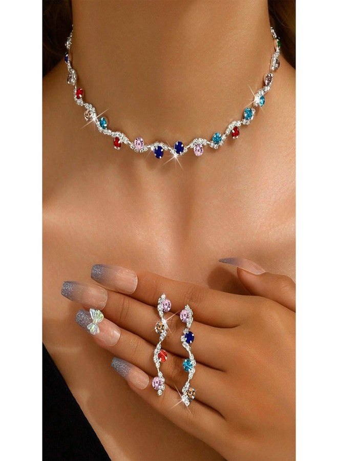 Peora Silver Plated Multi Crystal & Cubic Zirconia Studded Necklace and Drop Earrings Jewellery Set for Women & Girls - Image 2