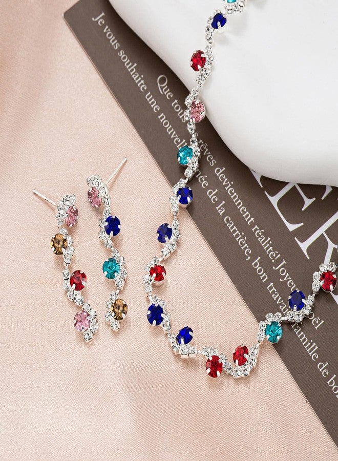 Peora Silver Plated Multi Crystal & Cubic Zirconia Studded Necklace and Drop Earrings Jewellery Set for Women & Girls - Image 3