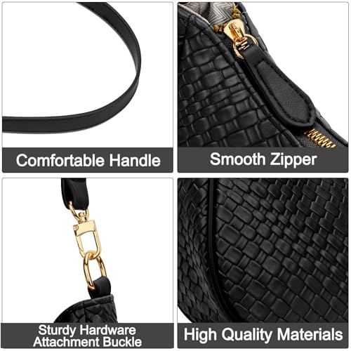 KKXIU Woven Shoulder Bag for Women Cute Hobo and Tote Handbags Retro Clutch Underarm Purse with 2 Removable Straps (B-Black) - Image 3