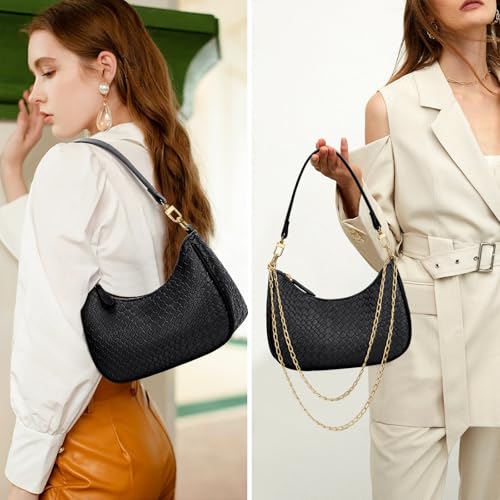 KKXIU Woven Shoulder Bag for Women Cute Hobo and Tote Handbags Retro Clutch Underarm Purse with 2 Removable Straps (B-Black) - Image 2
