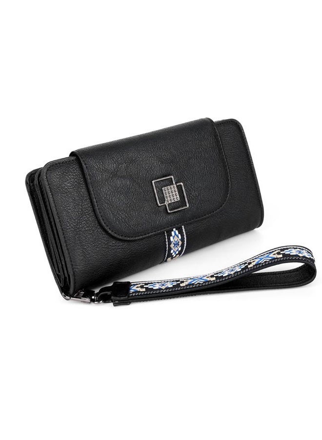 FADEON Leather Wallets for Women, Large RFID Blocking Trifold Wristlet Purse with Credit Card Holder Organizer, Black Retro Style, 4.13 * 2.13 * 7.87 = 70.17 cubic inches, Vintage - Image 1