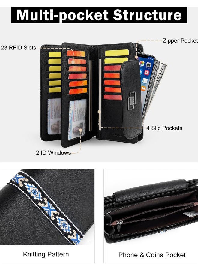 FADEON Leather Wallets for Women, Large RFID Blocking Trifold Wristlet Purse with Credit Card Holder Organizer, Black Retro Style, 4.13 * 2.13 * 7.87 = 70.17 cubic inches, Vintage - Image 3