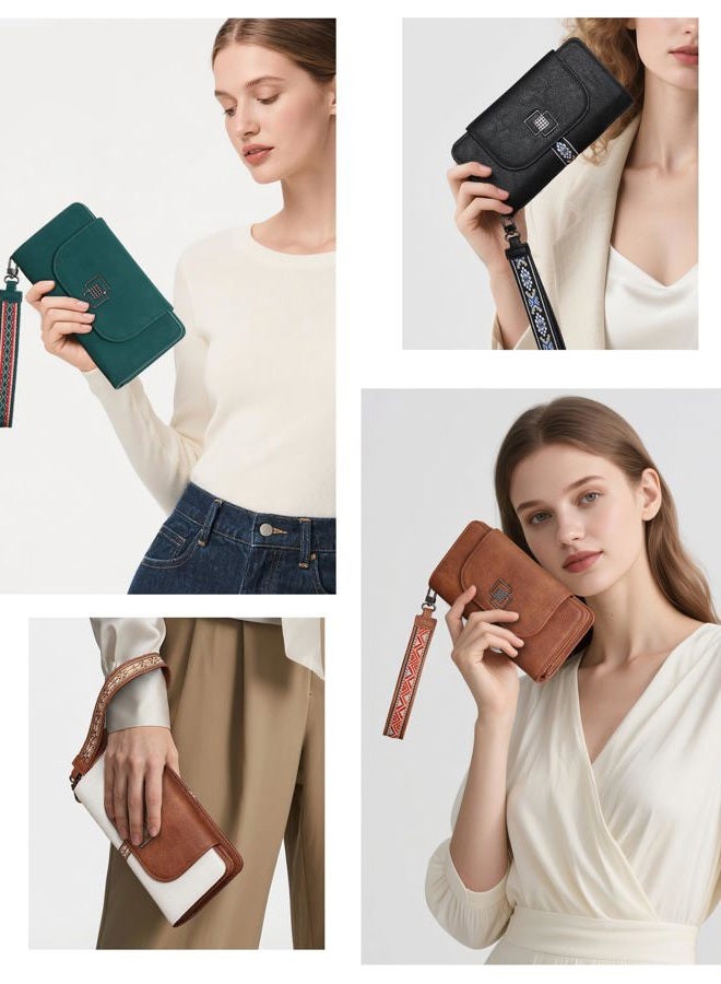 FADEON Leather Wallets for Women, Large RFID Blocking Trifold Wristlet Purse with Credit Card Holder Organizer, Black Retro Style, 4.13 * 2.13 * 7.87 = 70.17 cubic inches, Vintage - Image 2