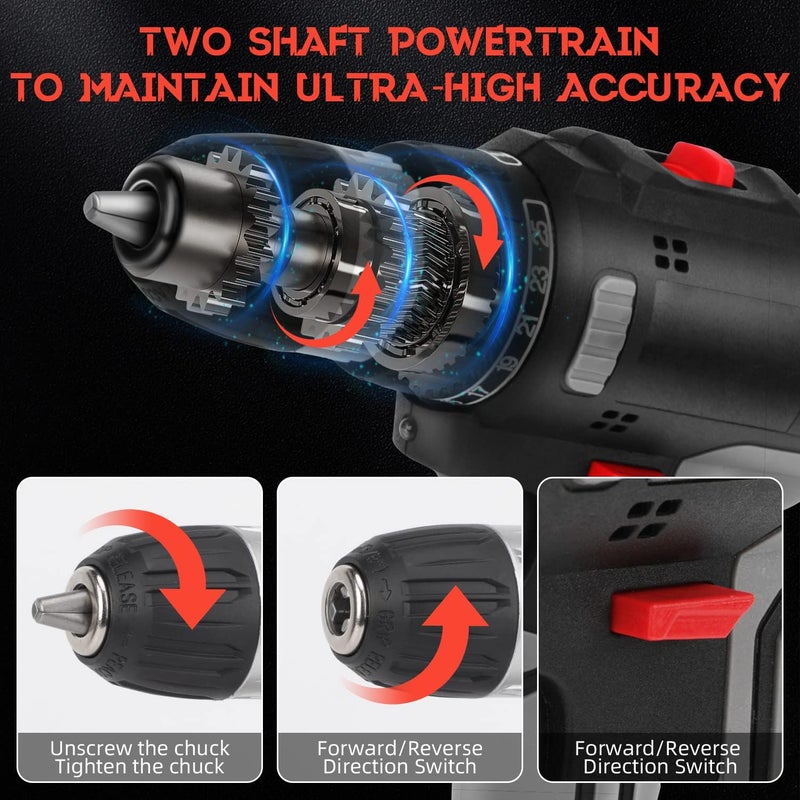أكلو مثقاب لاسلكي 48 فولت، 33 قطعة، بطارية ليثيوم أيون 2000 مللي أمبير/ساعة، مثقاب كهربائي، طقم ملحقات آلة الحفر والمثقاب الكهربائي اللاسلكي، ضوء عمل LED وشاشة، مناسب للخشب والبلاستيك - Image 5