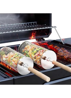 Arabest Grill Baskets Set with Wooden Handle, Stainless Steel Rolling Net for BBQ, Outdoor Cooking, Camp, Gifts for Men  - Image 1
