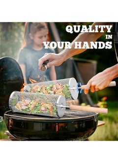 Arabest Grill Baskets Set with Wooden Handle, Stainless Steel Rolling Net for BBQ, Outdoor Cooking, Camp, Gifts for Men  - Image 3