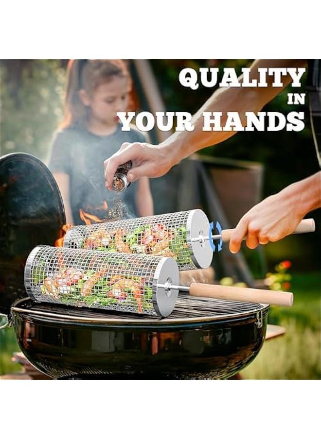Arabest - Grill Baskets Set with Wooden Handle, Stainless Steel Rolling Net for BBQ, Outdoor Cooking, Camp, Gifts for Men - Image 1