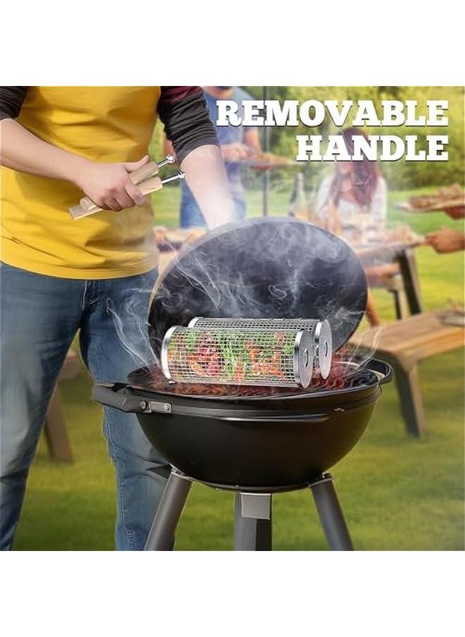 Arabest - Grill Baskets Set with Wooden Handle, Stainless Steel Rolling Net for BBQ, Outdoor Cooking, Camp, Gifts for Men - Image 1