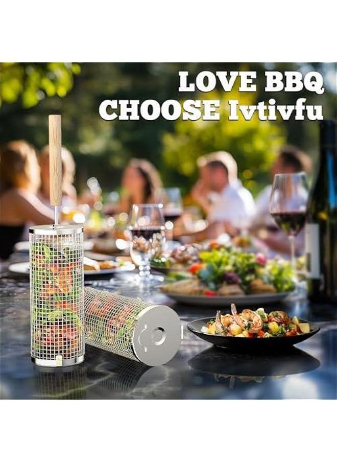 Arabest - Grill Baskets Set with Wooden Handle, Stainless Steel Rolling Net for BBQ, Outdoor Cooking, Camp, Gifts for Men - Image 1