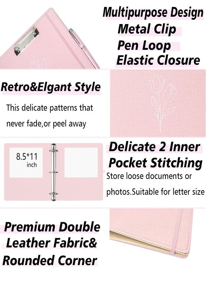 BVSSX 3 Ring Binder, 2 Inch Linen Binder Organizer for Letter Size (8.5" x 11") Paper with 5-Tabs Pockets Dividers, Leather Three Ring Binders with Clipboard, Plastic Folder, Pen Loop - Pink Tulips - Image 4