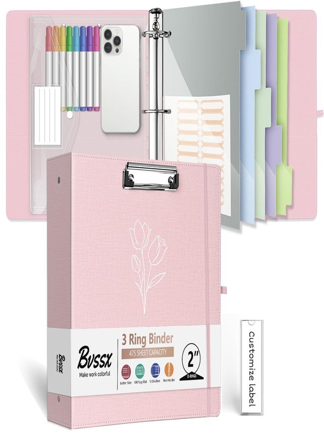 BVSSX 3 Ring Binder, 2 Inch Linen Binder Organizer for Letter Size (8.5" x 11") Paper with 5-Tabs Pockets Dividers, Leather Three Ring Binders with Clipboard, Plastic Folder, Pen Loop - Pink Tulips - Image 1
