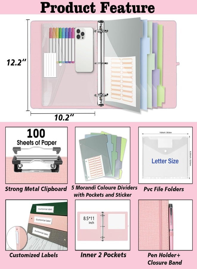BVSSX 3 Ring Binder, 2 Inch Linen Binder Organizer for Letter Size (8.5" x 11") Paper with 5-Tabs Pockets Dividers, Leather Three Ring Binders with Clipboard, Plastic Folder, Pen Loop - Pink Tulips - Image 2