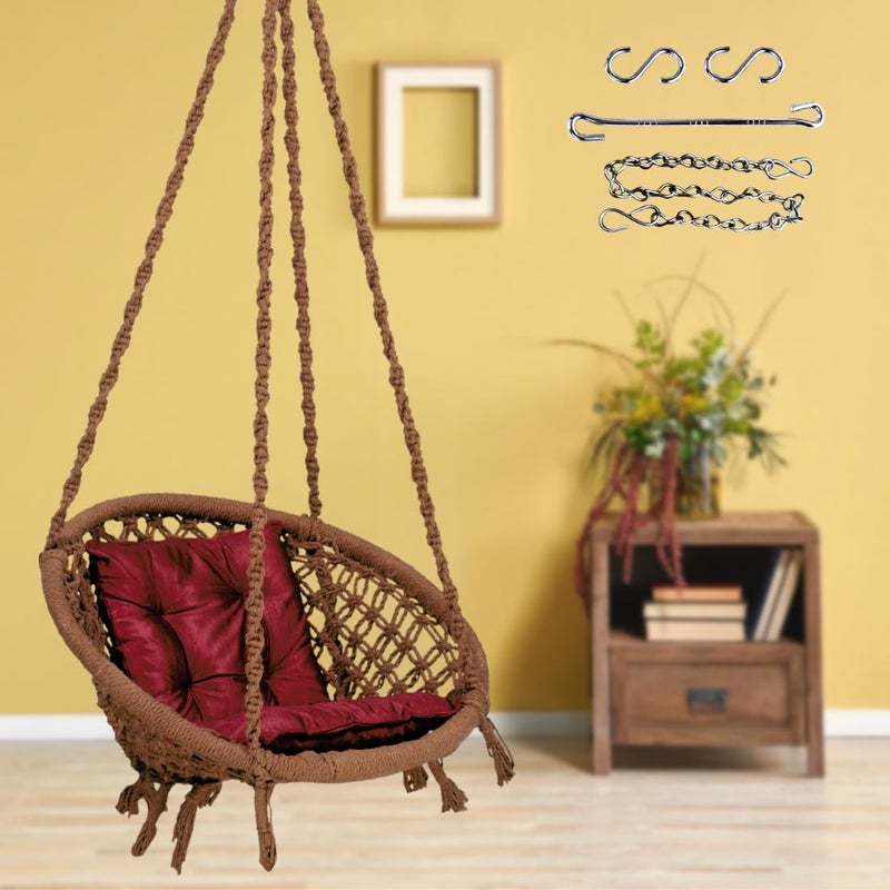 أرجوحة Swingzy مصنوعة من القطن بشبكة حبل دائري معلقة للأطفال والبالغين 100% قطن كرسي أرجوحة مع وسادة حمراء وإكسسوارات سلسلة معلقة للاستخدام الداخلي والخارجي في الحديقة بسعة 120 كجم بني