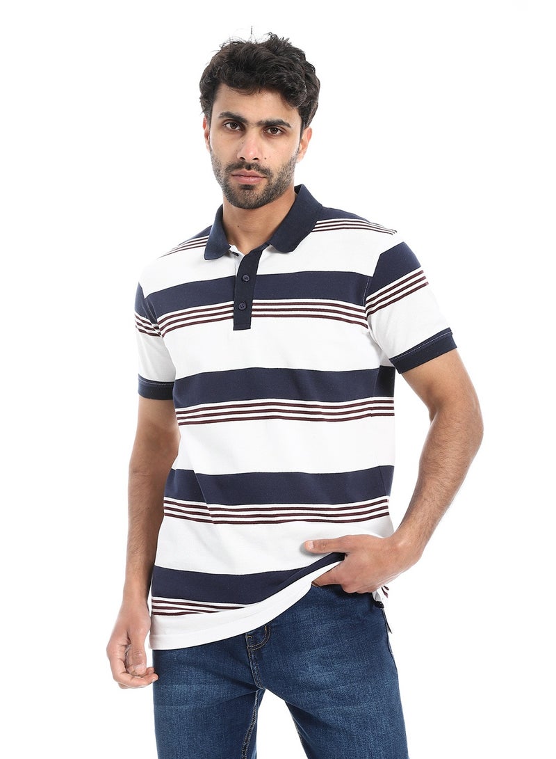 Pavone Turn Down Collar Striped Polo Shirt - White, Navy Blue & Burgundy  - Image 2