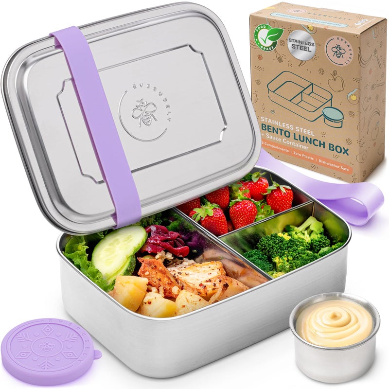 Everusely Bento Box for Kids - Lavender Green - 1.4L - Stainless Steel Lunch Box with Leak-proof Spice Container - 3 Compartment Snack Container - Image 1