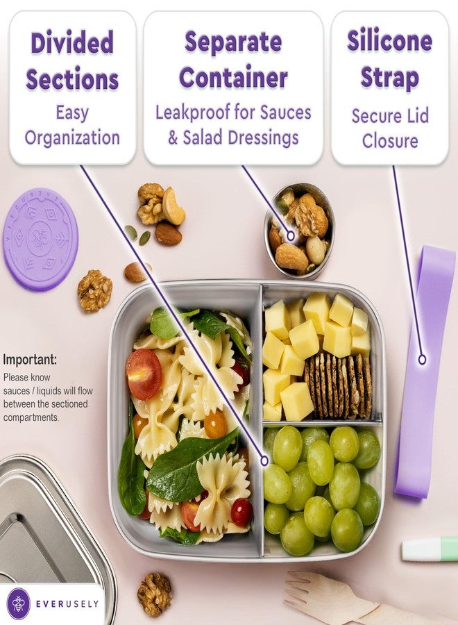 Everusely Bento Box for Kids - Lavender Green - 1.4L - Stainless Steel Lunch Box with Leak-proof Spice Container - 3 Compartment Snack Container - Image 4
