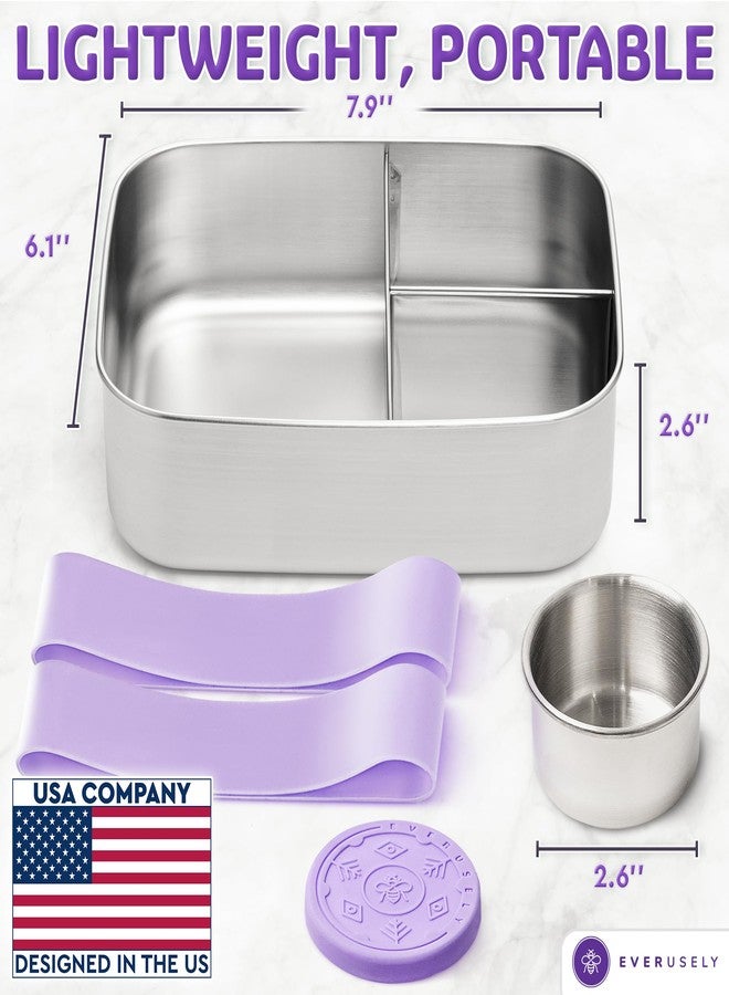 Everusely Bento Box for Kids - Lavender Green - 1.4L - Stainless Steel Lunch Box with Leak-proof Spice Container - 3 Compartment Snack Container - Image 2