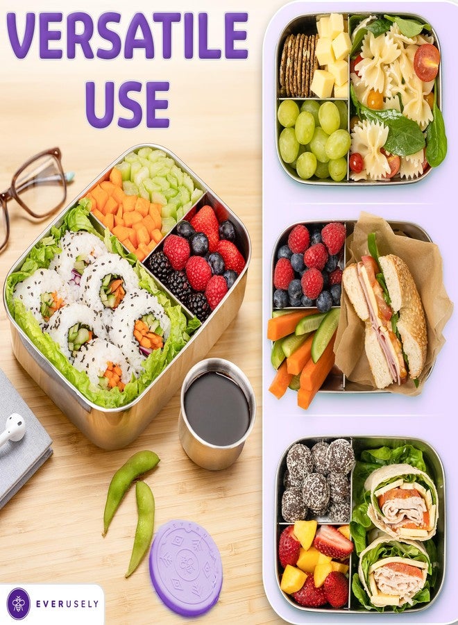 Everusely Bento Box for Kids - Lavender Green - 1.4L - Stainless Steel Lunch Box with Leak-proof Spice Container - 3 Compartment Snack Container - Image 5