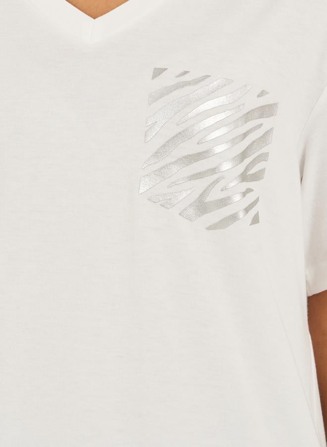 Styli Women White Oversized Zebra Foil Print Mock Pocket T-Shirt  - Image 4