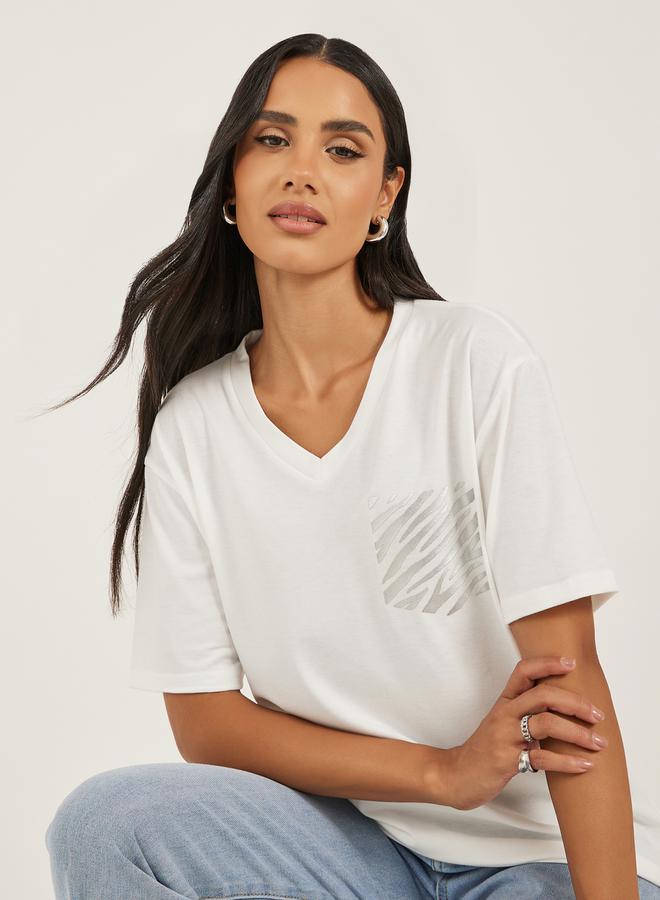 Styli Women White Oversized Zebra Foil Print Mock Pocket T-Shirt - Image 2