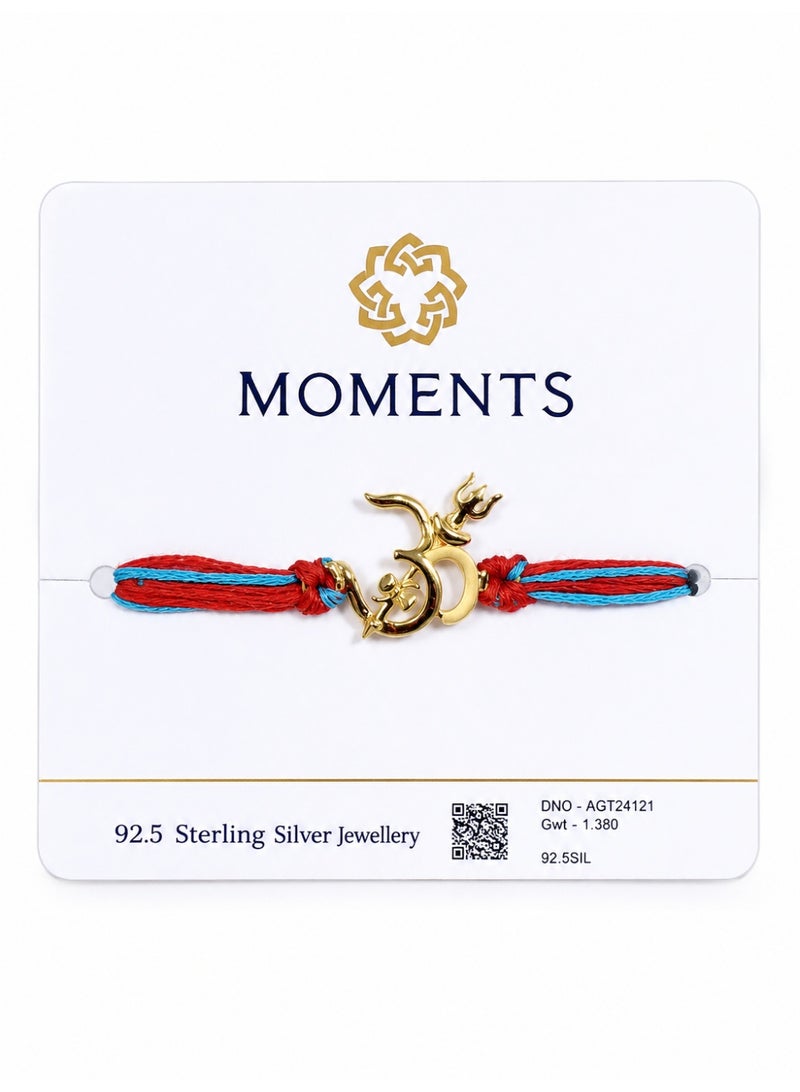 Moments 92.5 Sterling Silver Rakhi Bracelet with Gold-Plated Om & Trishul Charm, Adjustable Sacred Thread Raksha Bandhan Gift for Brother
