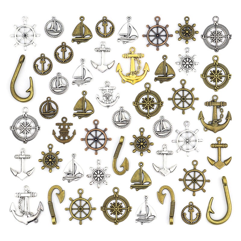 JIALEEY Nautical Anchor Rudder Helm Compass Charms 100 Grams Mixed Ship Anchor Wheel Pendants Beads Charms for DIY Necklace Bracelet Jewelry Making Accessories