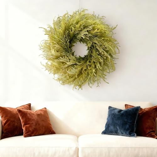 HipTree 28 Inch Spring Farmhouse Green Gradient Flocked Cypress & Pampas Grass Wreath Outdoor - Handmade Faux Cedar Pine Wreath for Front Door,All-Season Home Décor for Easter/St. Patrick's Day - Image 4