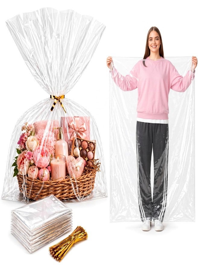 Tenceur 24 Pack 40 x 50 Inches Extra Large Clear Cellophane Gift Basket Bags with Gold Twist Ties, Jumbo Shrink Basket Wrap Bags for Big Gifts and Baskets, Holiday Packaging - Image 1
