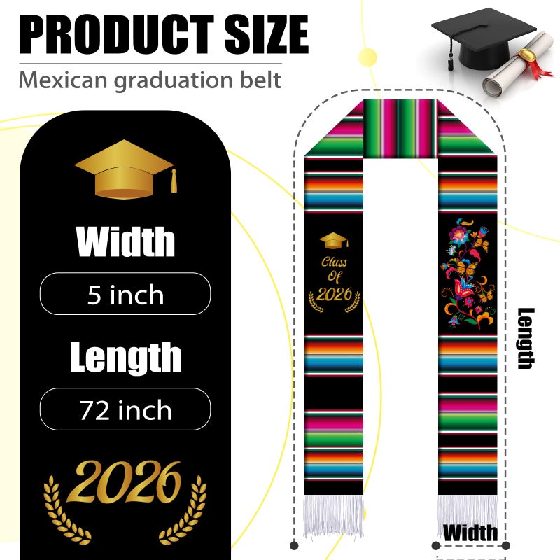 Halfchet Class of 2026 Mexican Graduation Stole 72'' Hispanic Embroidery Mexico Graduation Sash Sarape for Graduation 2026(Classic) - Image 2