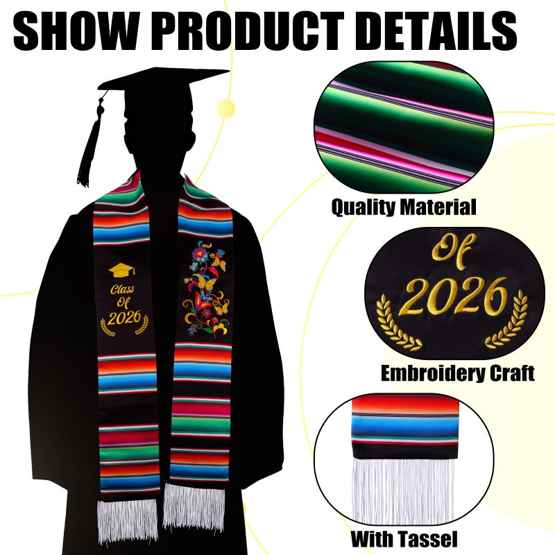 Halfchet Class of 2026 Mexican Graduation Stole 72'' Hispanic Embroidery Mexico Graduation Sash Sarape for Graduation 2026(Classic) - Image 4
