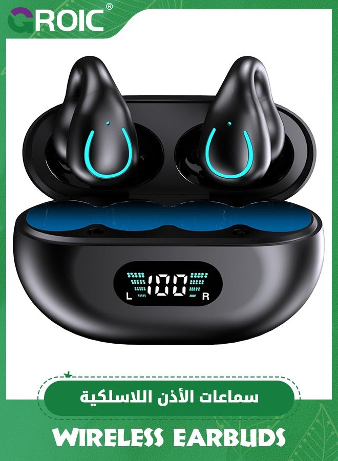 GROIC Black Open Ear Bluetooth 5.3 Ear Clip Earphones Wireless Headphones Earbuds with Digital Display Charging, Clip Headset for Cycling, Running, Walking, Driving - Image 1