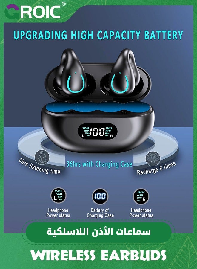 GROIC Black Open Ear Bluetooth 5.3 Ear Clip Earphones Wireless Headphones Earbuds with Digital Display Charging, Clip Headset for Cycling, Running, Walking, Driving - Image 2
