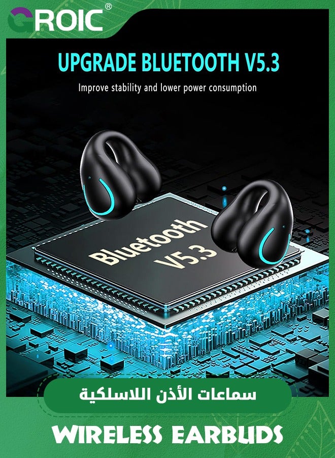 GROIC Black Open Ear Bluetooth 5.3 Ear Clip Earphones Wireless Headphones Earbuds with Digital Display Charging, Clip Headset for Cycling, Running, Walking, Driving - Image 4