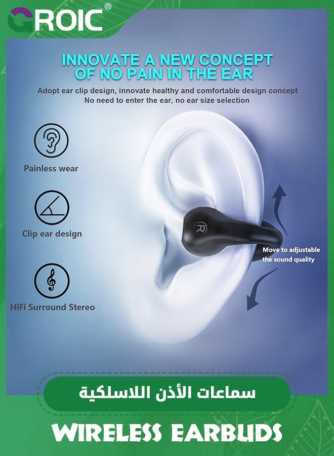 GROIC Black Open Ear Bluetooth 5.3 Ear Clip Earphones Wireless Headphones Earbuds with Digital Display Charging, Clip Headset for Cycling, Running, Walking, Driving - Image 3