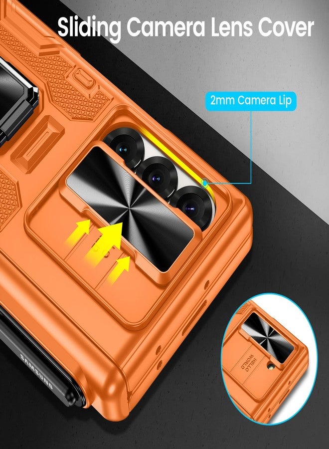 VEGO for Z Fold 6 Case with Kickstand, [Hinge Protection][Removable Pen Holder][Slide Camera Cover][Built-in Screen Protector] Shockproof Armor Case for Samsung Galaxy Z Fold 6 5G - Vibrant Orange - Image 3