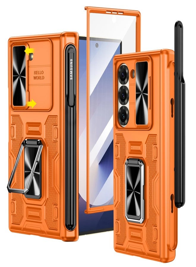 VEGO for Z Fold 6 Case with Kickstand, [Hinge Protection][Removable Pen Holder][Slide Camera Cover][Built-in Screen Protector] Shockproof Armor Case for Samsung Galaxy Z Fold 6 5G - Vibrant Orange - Image 1