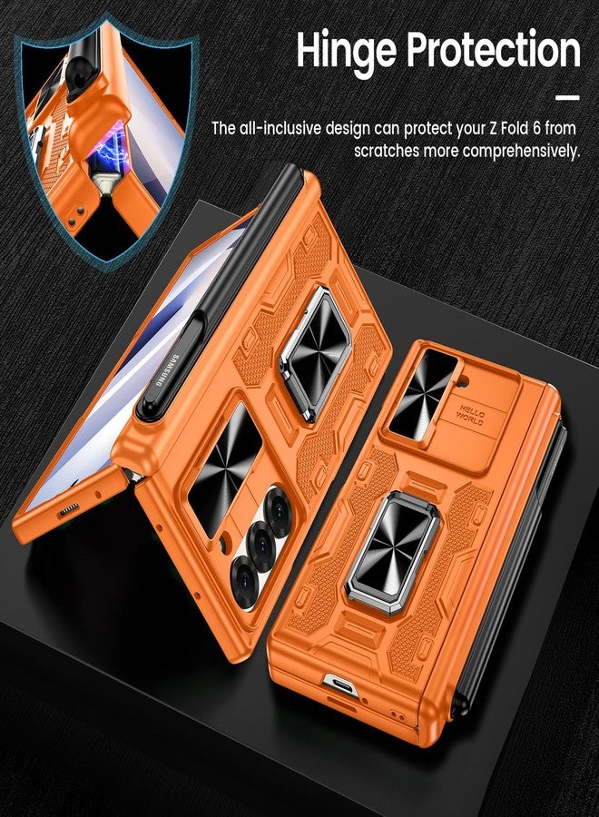 VEGO for Z Fold 6 Case with Kickstand, [Hinge Protection][Removable Pen Holder][Slide Camera Cover][Built-in Screen Protector] Shockproof Armor Case for Samsung Galaxy Z Fold 6 5G - Vibrant Orange - Image 4
