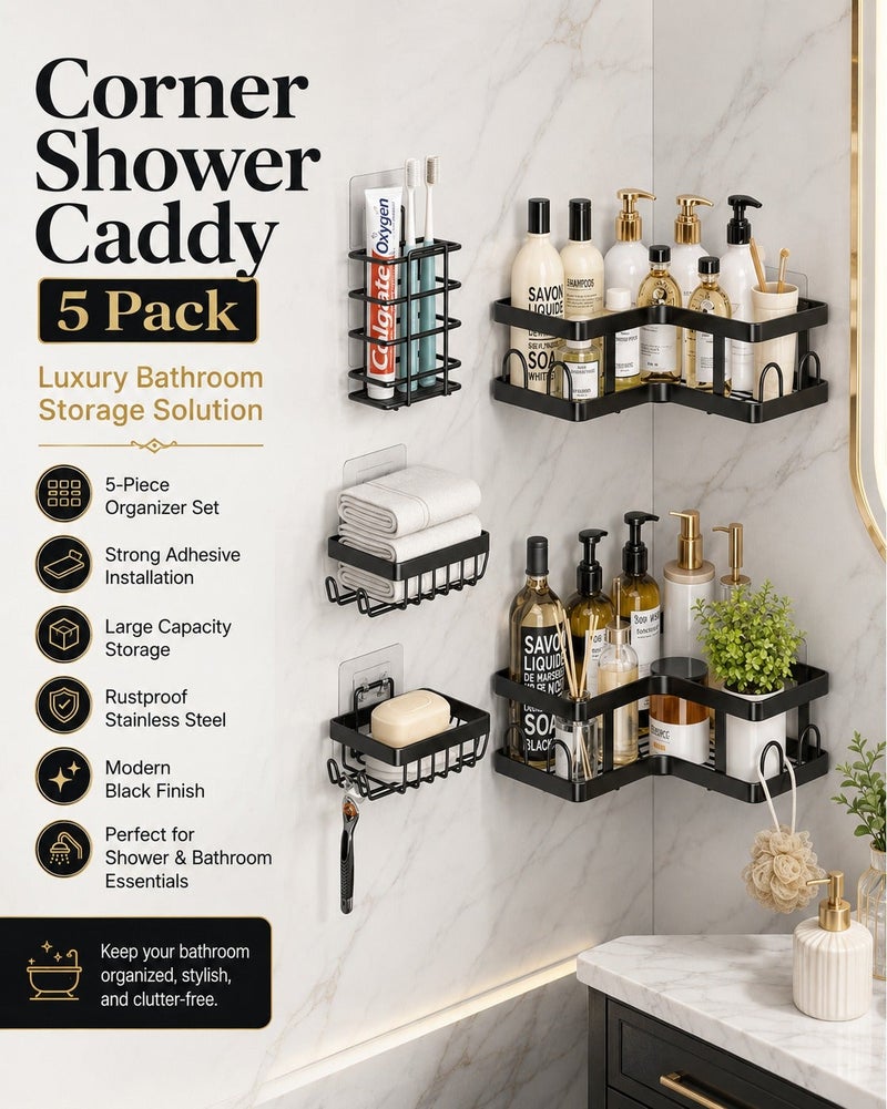 O2. 5 Pack Black Corner Shower Caddy Set, Adhesive Rustproof Stainless Steel Bathroom Organizer with 2 Corner Shelves, 2 Soap Holders and 1 Toothbrush Holder, No Drilling Shower Storage Rack for Tile, Marble, Glass and Metal Surfaces - Image 1