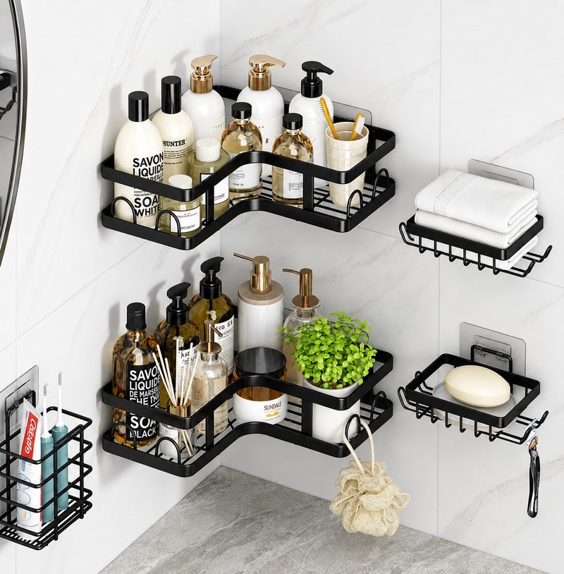O2. 5 Pack Black Corner Shower Caddy Set, Adhesive Rustproof Stainless Steel Bathroom Organizer with 2 Corner Shelves, 2 Soap Holders and 1 Toothbrush Holder, No Drilling Shower Storage Rack for Tile, Marble, Glass and Metal Surfaces - Image 4