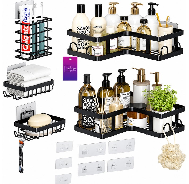 O2. 5 Pack Black Corner Shower Caddy Set, Adhesive Rustproof Stainless Steel Bathroom Organizer with 2 Corner Shelves, 2 Soap Holders and 1 Toothbrush Holder, No Drilling Shower Storage Rack for Tile, Marble, Glass and Metal Surfaces - Image 2