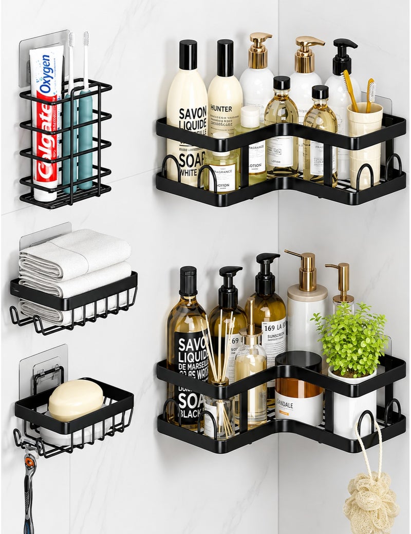 O2. 5 Pack Black Corner Shower Caddy Set, Adhesive Rustproof Stainless Steel Bathroom Organizer with 2 Corner Shelves, 2 Soap Holders and 1 Toothbrush Holder, No Drilling Shower Storage Rack for Tile, Marble, Glass and Metal Surfaces - Image 3